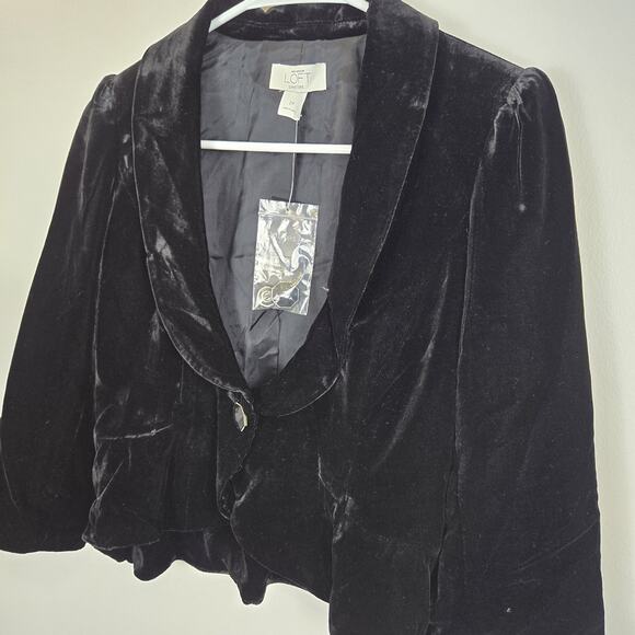 LOFT Jackets & Blazers - LOFT Velvet Blazer Jacket Womens PETITE 2P Black Pocket Gathered Hem MODWIFE NWT
